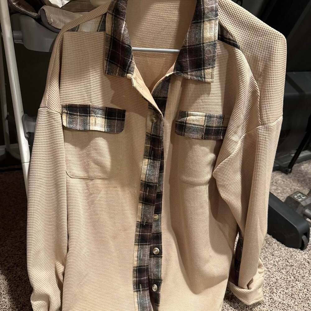 Unbranded Waffle Knit Plaid Shacket Size L Beige Brown Button Up Shirt